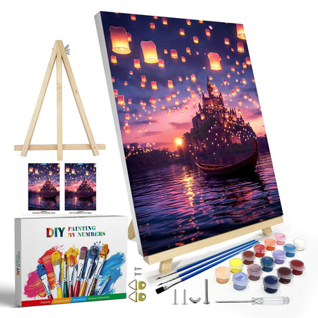 JOOZ Paint by Numbers Kit for Adults with Frame, Castle Paint by Number with Easel, DIY Sunset Boat Easy Paint by Numbers Landscape for Home Wall Decor 8 x 12 Inch JOOZ