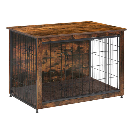DWANTON Dog Crate Furniture with Cushion, Wooden Dog Crate Table, Double Doors Dog Furniture, Indoor Dog Kennel, Dog House, Dog Cage Medium, 32.5" L, Rustic Brown Dwanton