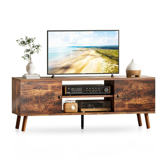 YSSOA TV Stand for 55 60 inch Living Room, 2 Cabinet Media Console Table, Entertainment Center with Storage, Soft Hinge Door with Handle, Wood Feet, Bedroom Furniture-Brown