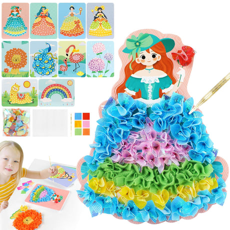 Suteng Arts and Crafts Kits for Kids, Creative Poke Art Fabric Puzzle Puncture Painting for Girls, 10 Sheets DIY Poking Drawing Dress Up Boards, Art Paper Craft Kit Kids Toys Gifts (Dream World) Suteng