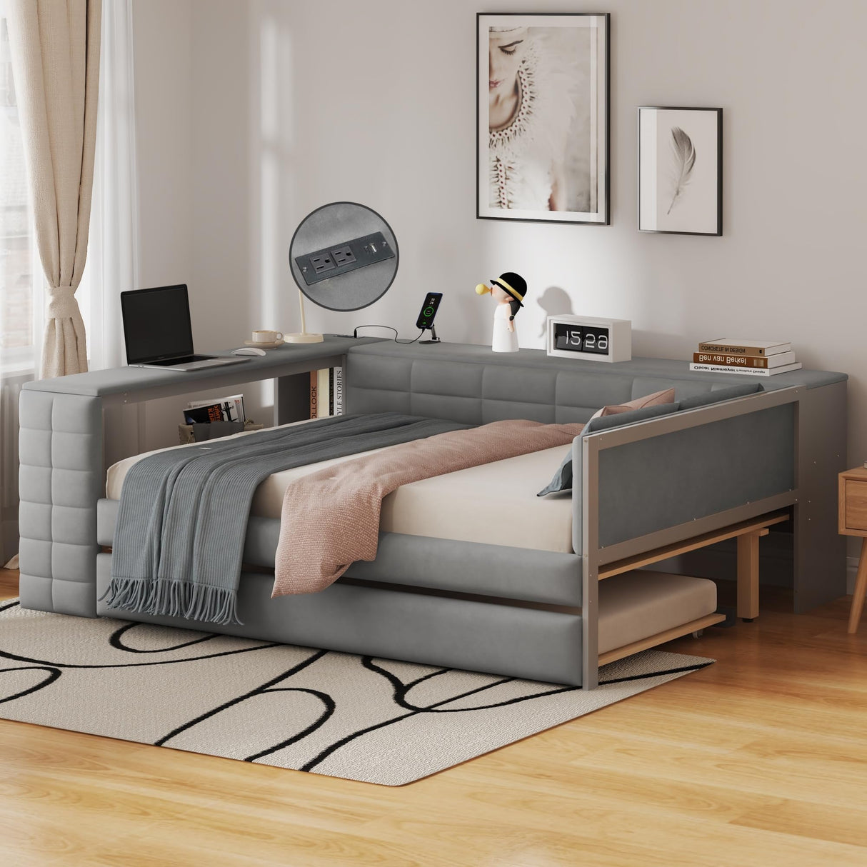 Bellemave Full Corner Bed Frame with Trundle and Storage Shelves and Desk, Wood Full Size Upholstered Daybed with Trundle and Charging Station, Gray Bellemave