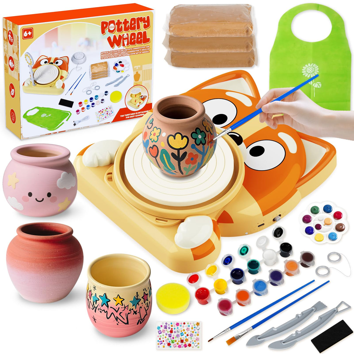 Pottery Wheel for Kids - Complete Pottery Tools Kit for Beginners, Arts and Crafts for Kids Ages 8-12 with 3 Pack Air Dry Clay, Mini Clay Making Pottery Wheel with Foot Pedal (Dog, Patented) Innofans