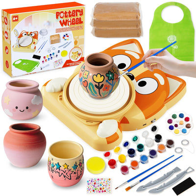 Pottery Wheel for Kids - Complete Pottery Tools Kit for Beginners, Arts and Crafts for Kids Ages 8-12 with 3 Pack Air Dry Clay, Mini Clay Making Pottery Wheel with Foot Pedal (Dog, Patented)