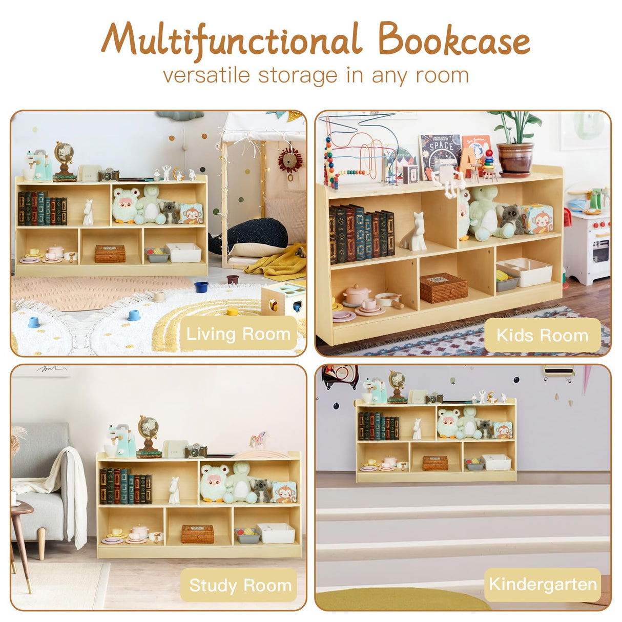 PTINFLUCE Wooden Montessori Shelf - 5-Section Toy and Book Storage Organizer for Kids Rooms PTINFLUCE