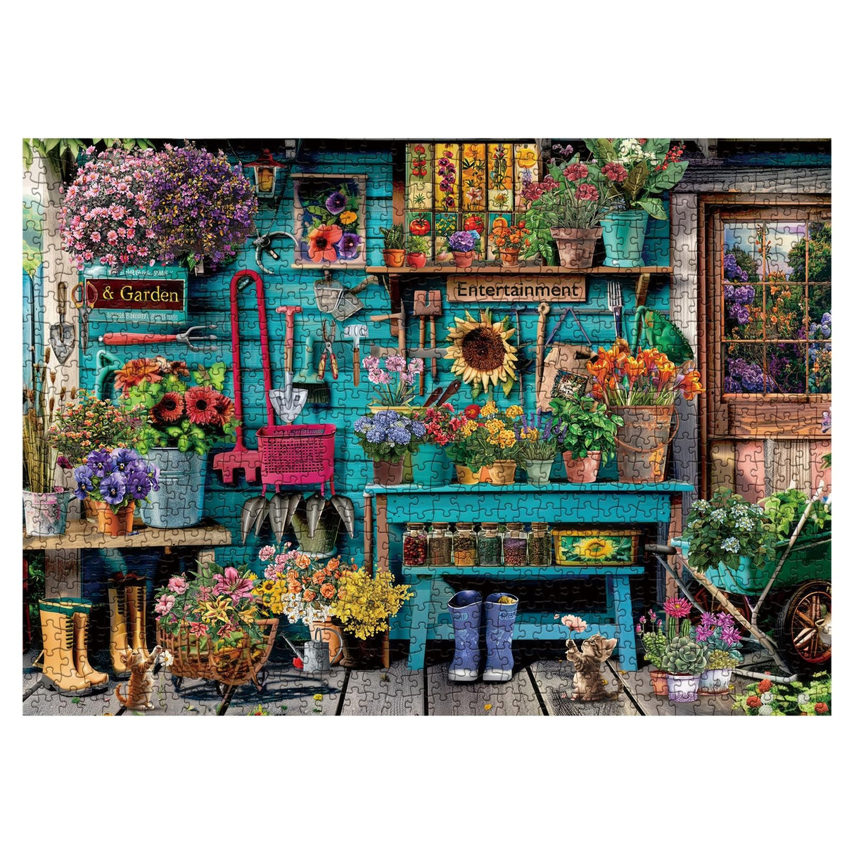 Flower Plant Gardening Puzzle 1000 Piece for Adults, Spring Nature Garden Jigsaw Puzzle, Cat Colorful Cabin Puzzles BBOLDIN