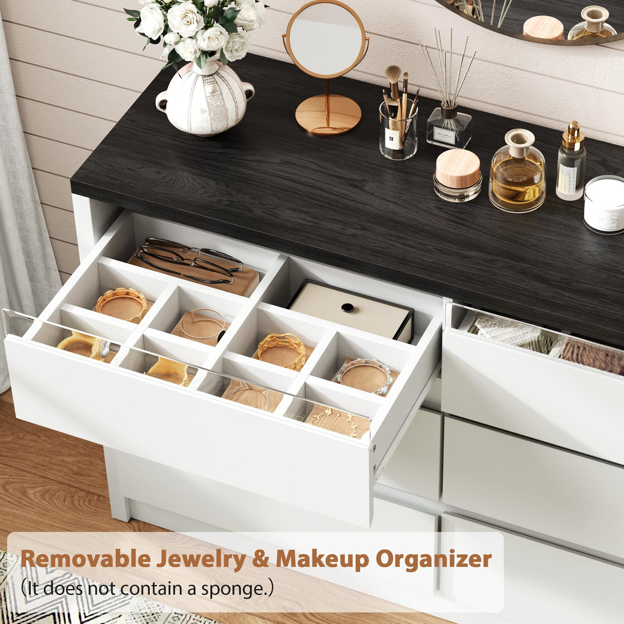 Jocoevol Modern LED 6 Drawer Dresser for Bedroom, White Large Chest of Drawers with Hidden Handles, Long Double Wooden Dresser Closet for Living Room, Entryway, Hallway - White Jocoevol