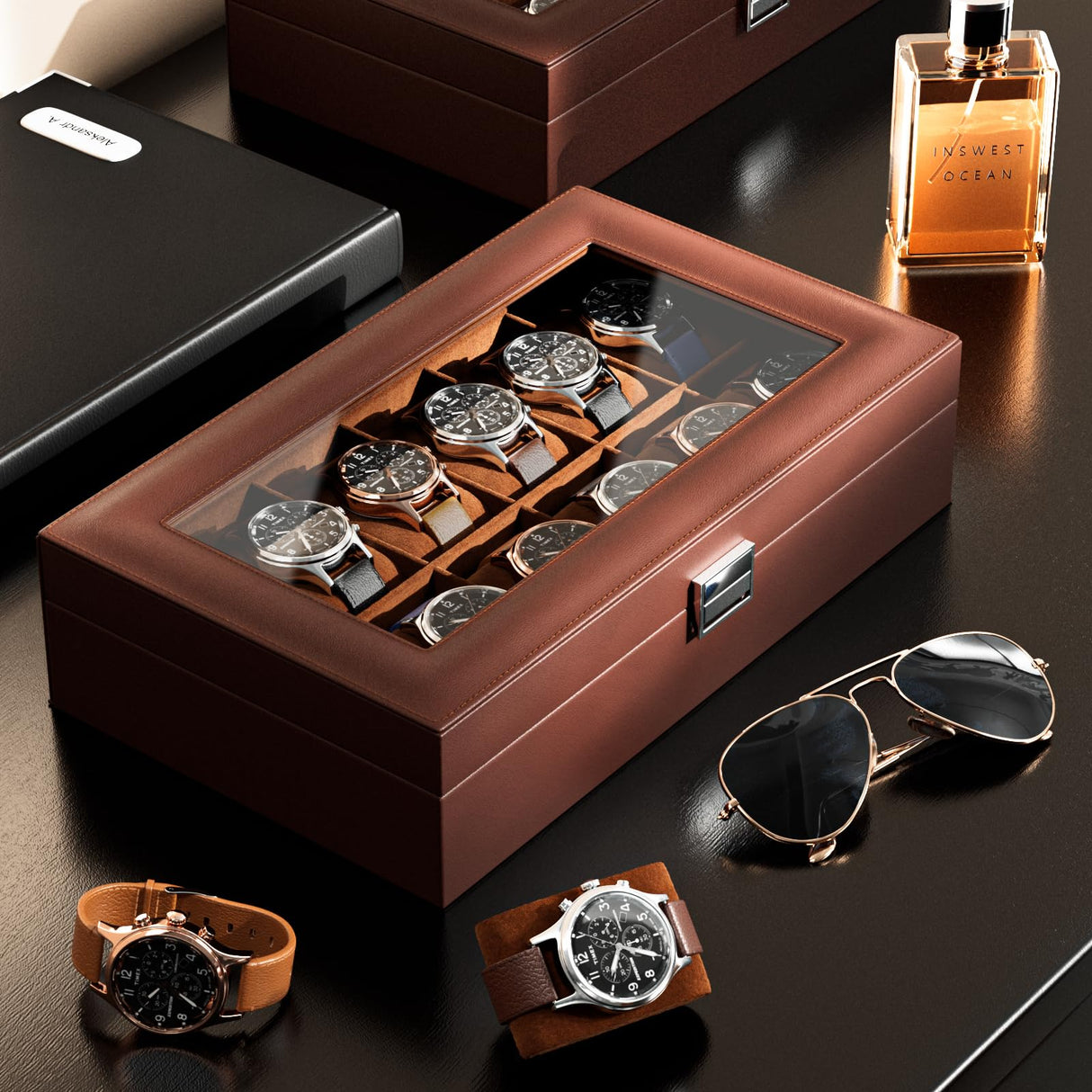 ProCase Watch Box Organizer for Men, 12 Slot Watch Display Case With Glass Lid, PU Leather Watch Storage Mens Watch Case, Watch Holder Organizer for Men Women -12 Slot, Brown ProCase