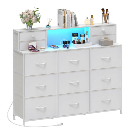 Welfuturer White Dressers for Bedroom with Power Outlets and LED Lights 13 Drawers Dresser Faux Leather Fabric Chest of Drawers for Bedroom Living Room Hallway Entryway Closets Sturdy Frame Wood Top Welfuturer