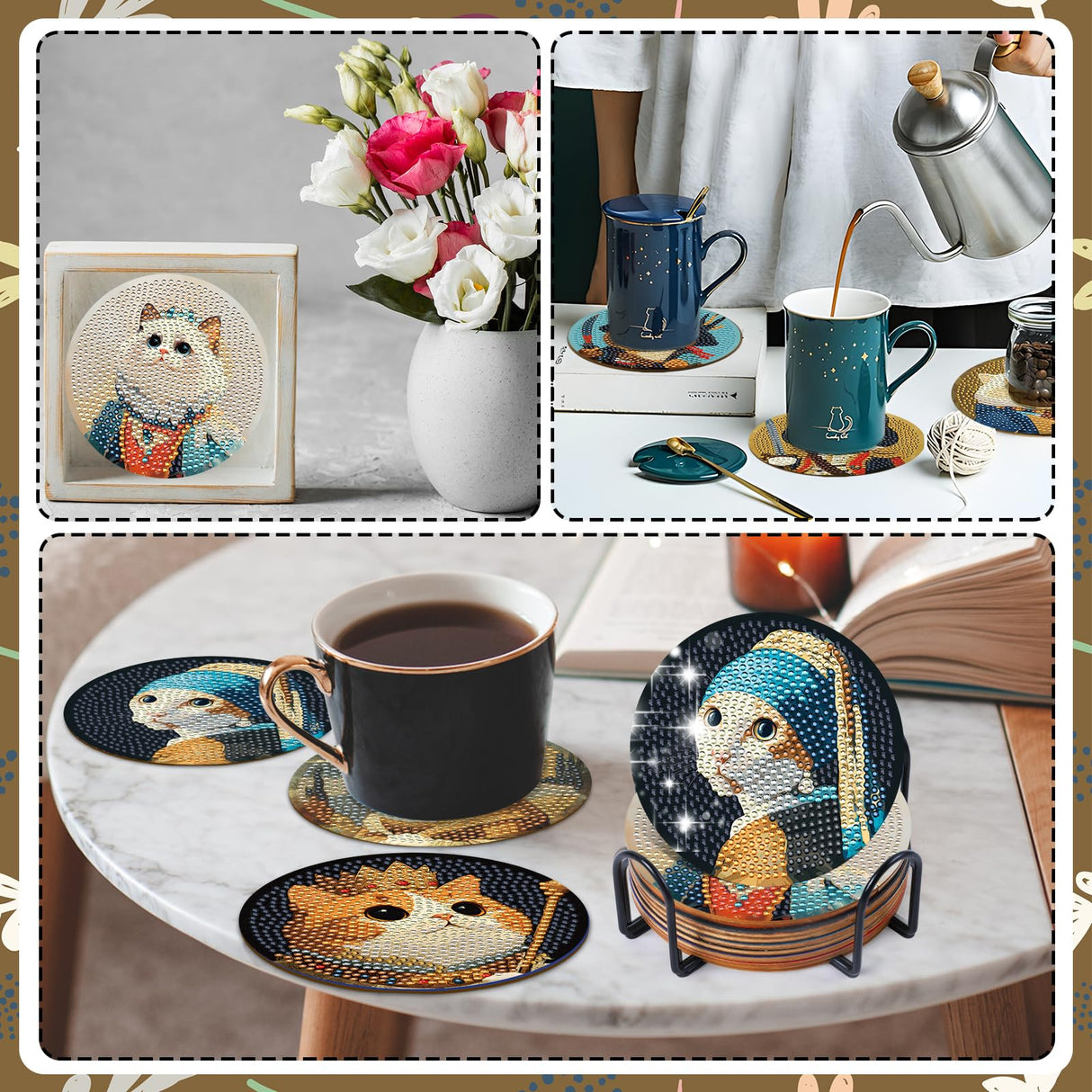 Sitsink Funny Cat Diamond Art Coasters - 8 Pcs DIY Cute Cat Funny Adult Diamond Painting Coasters Kits with Holder for Adults Beginners Animal Lover Gift Crafts Supplies Sitsink