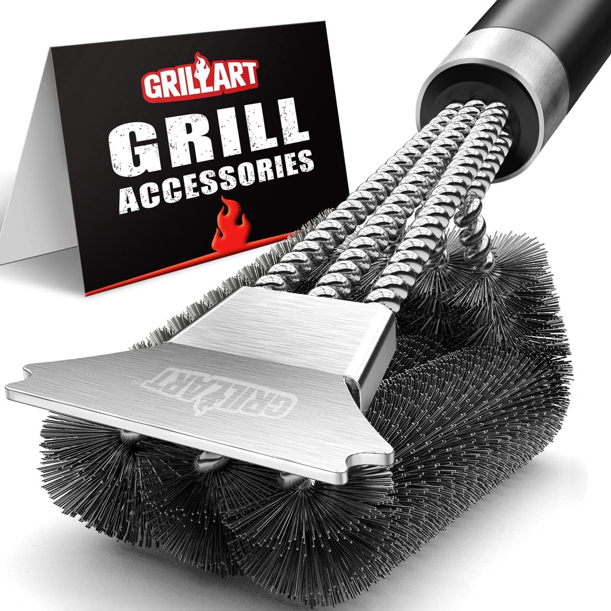 GRILLART Grill Brush and Scraper with Deluxe Handle, Safe Wire Grill Brush BBQ Cleaning Brush Grill Grate Cleaner for Gas Infrared Charcoal Porcelain Grills, BR-8529 GRILLART