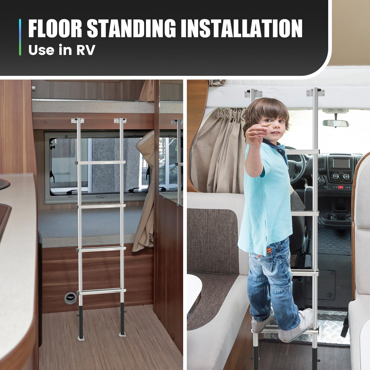 Marudina 61.5" Pre-Assembled Bunk Ladder, Adjustable 3 Levels of Height, Aluminum RV Bunk Bed Ladder with 4 Anti-Slip Steps, Non-Slip Feet, 2 Fixing Methods Marudina