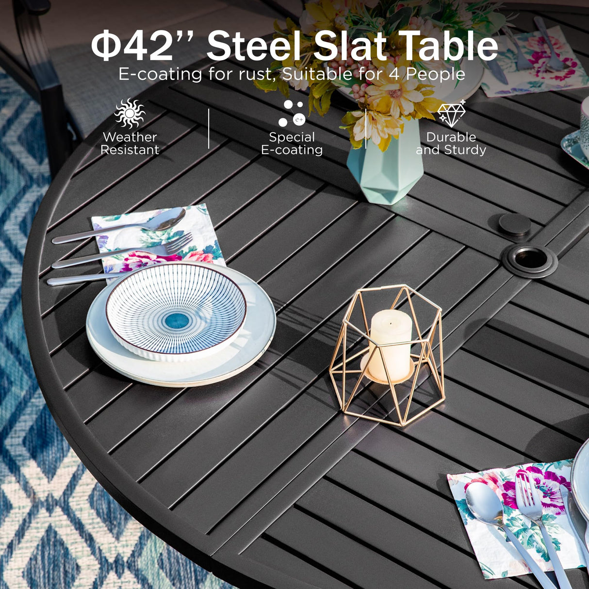 PHI VILLA 5-Piece Outdoor Dining Sets, All-Weather Patio Table and Chairs Set for 4, Heavy Duty Patio Round Table Set for Deck, 4 Extra Large Outdoor Metal Wicker Dining Chairs with Thick Cushions PHI VILLA