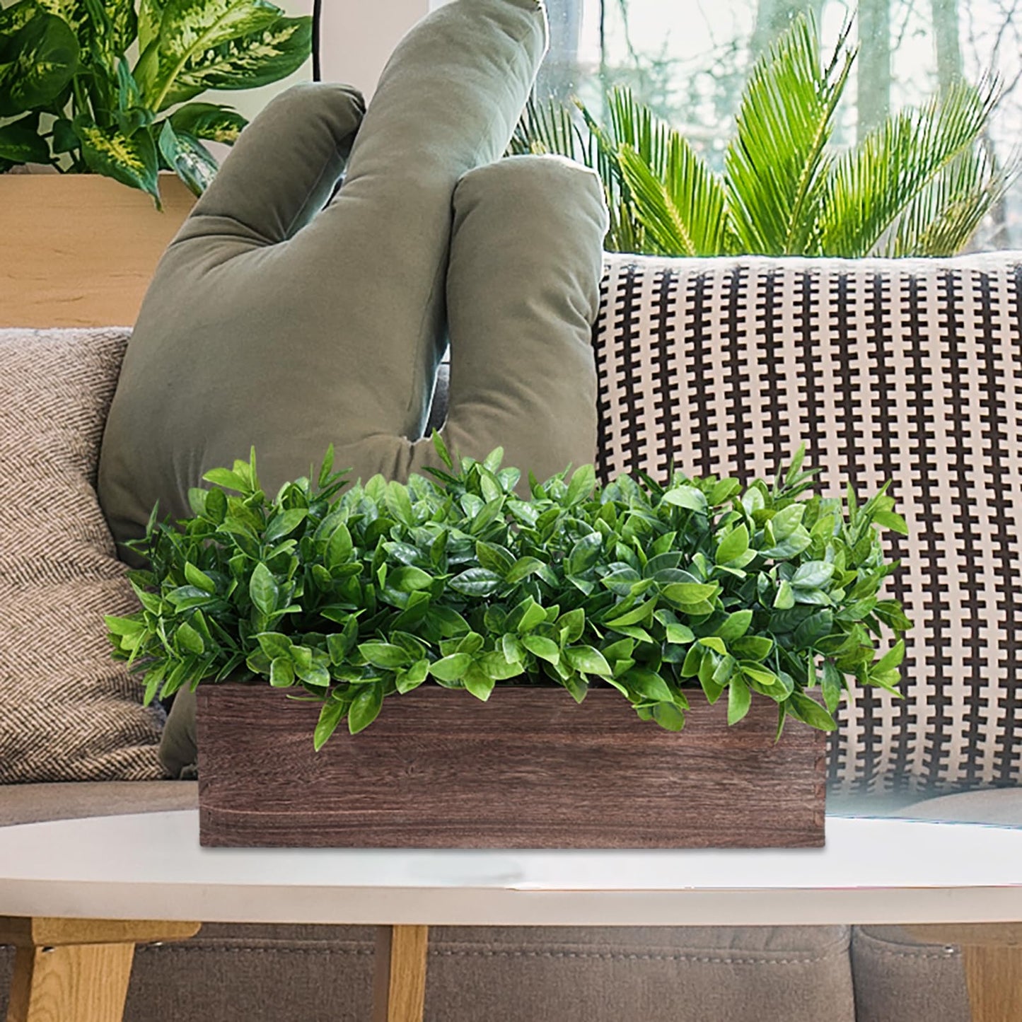 Winlyn 14" Artificial Boxwood Plants in Rectangular Wood Planter Farmhouse Greenery Arrangement Centerpiece Faux Potted Herb Plant for Wedding Dining Room Table Kitchen Windowsill Mantel Shel - WoodArtSupply