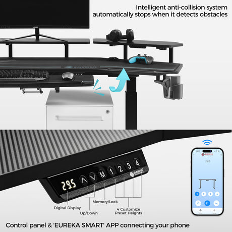 EUREKA ERGONOMIC Gaming Desk, Standing Desk Keyboard Tray, 72" Wing Shaped Music Studio Desk Electric Adjustable Height Desk Sit Stand Desk with LED Shelves, Gaming Recording Live Stream, Slot Design EUREKA ERGONOMIC