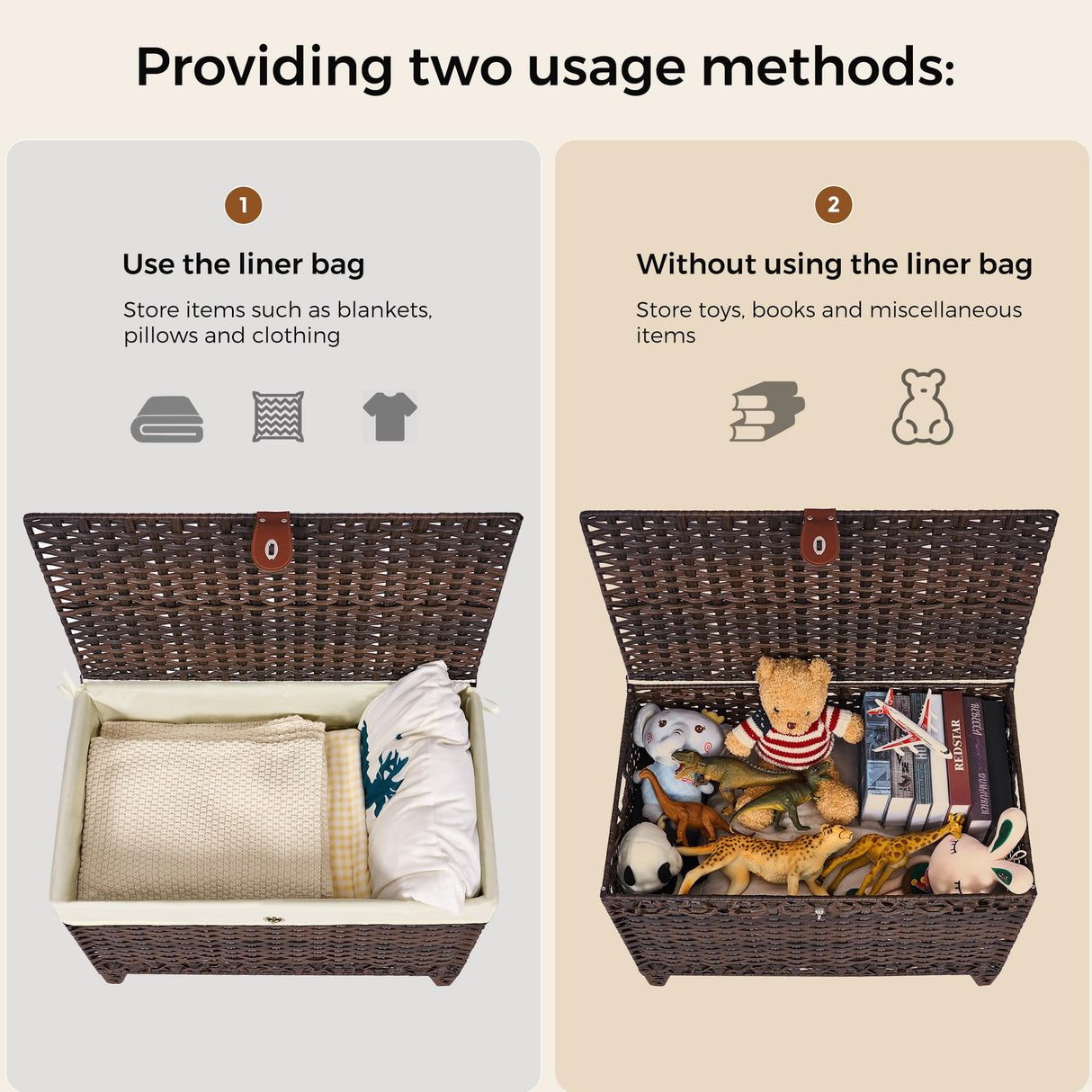 Honjourai Wicker Storage Basket with Lid,Rattan Shelf Basket with Removable Liner Bag,160L Storage Bin,Storage Trunk with Heightened Feet,Storage Container for Wardrobe,Home Organizer Honjourai