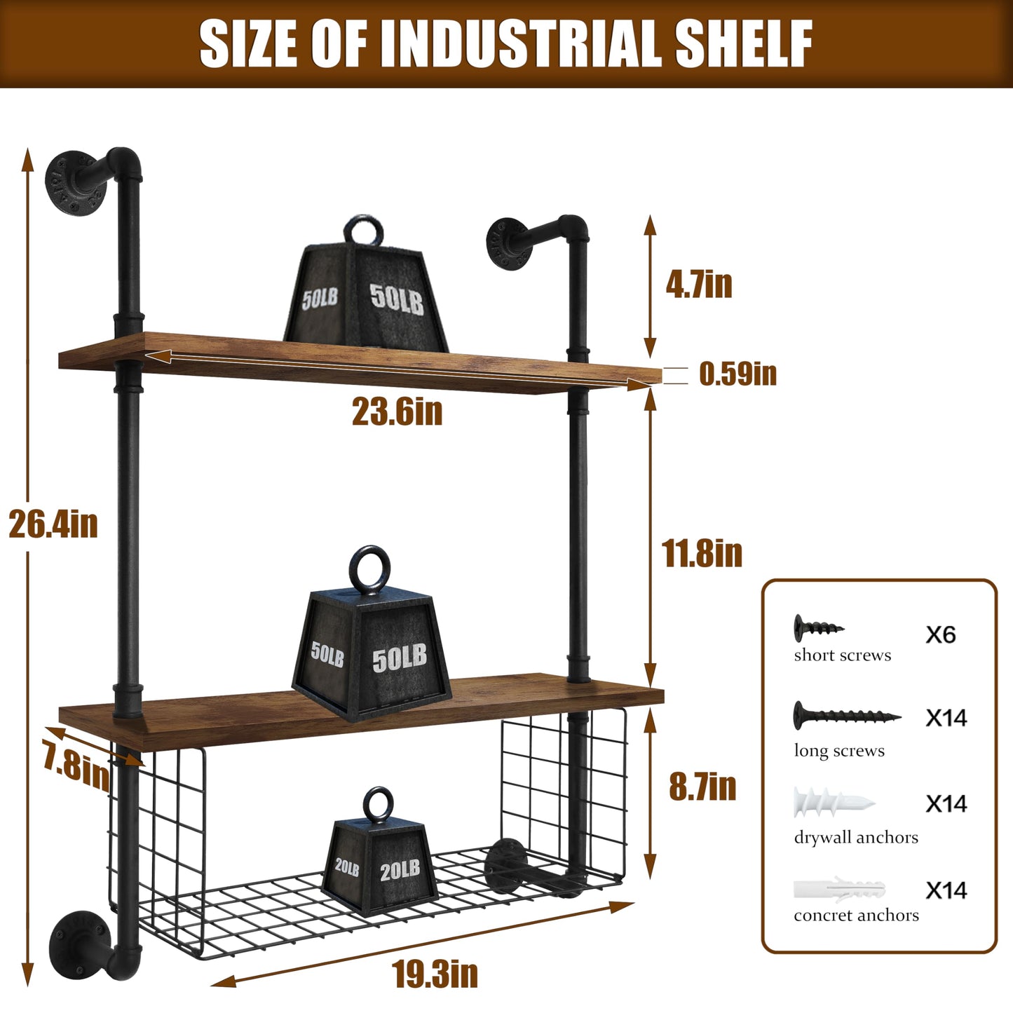 GILPWA Industrial Pipe Shelving 2 Tiers 24in Bathroom Floating Shelves Wall Mounted with Paper Storage Basket Retro Wood Floating Shelf Sundries Holder for Home Decor Livingroom Bedroom