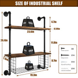 GILPWA Industrial Pipe Shelving 2 Tiers 24in Bathroom Floating Shelves Wall Mounted with Paper Storage Basket Retro Wood Floating Shelf Sundries Holder for Home Decor Livingroom Bedroom GILPWA