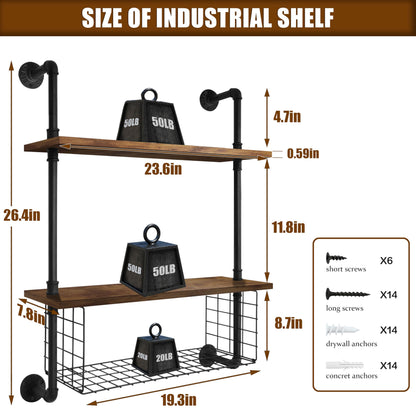 GILPWA Industrial Pipe Shelving 2 Tiers 24in Bathroom Floating Shelves Wall Mounted with Paper Storage Basket Retro Wood Floating Shelf Sundries Holder for Home Decor Livingroom Bedroom