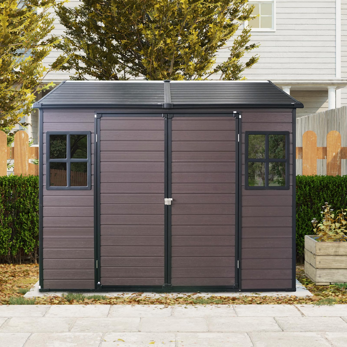 KEIKI 8x6 FT Outdoor Storage Shed Waterproof Resin Cabinet,Sloped Roof Polypropylene Frame with Two-Window and Double Lockable Door for Patio Furniture Tools KEIKI