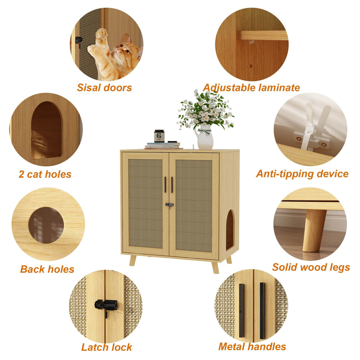 DAWNSPACES Large Cat litter Box Enclosure, 2 In 1 Hidden Cat Washroom Furniture with Sisal Covered Doors, 2 Layers Wooden Cat Cabinet with Adjustable Shelf, Side Table TV Stand for Living Room,Natural DAWNSPACES