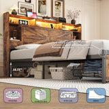 TIGUBFRE King Size Bed Frames with Storage Headboard and 4 Drawers, Farmhouse Platform Bed Frame with Charging Station & LED Lights, Metal Slats Support, Noise Free, No Box Spring Needed, Rustic Brown TIGUBFRE