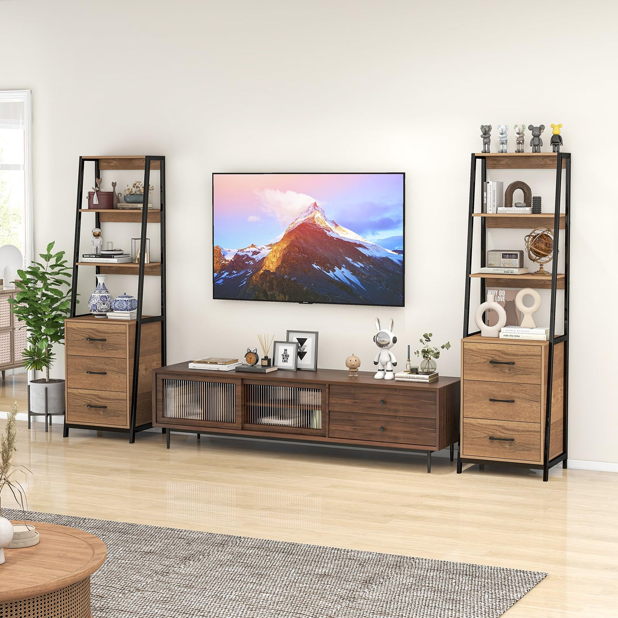 Giantex Ladder Bookshelf with Drawers, 69" Tall Wooden Bookcase with 4 Shelves, Modern Book Shelf Storage Organizer Unit, Freestanding Display Shelving Rack for Living Room, Bedroom (Brown) Giantex