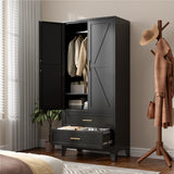 LCAOPC 71" Tall Metal Wardrobe Cabinet with 2 Drawers and Hanging Rod, 2 Doors Armoire Wardrobe Closet with Shelf for Bedroom, Office, Laundry Room, Black LCAOPC