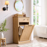 IFGET Tilt Out Trash Can Cabinet, 10 Gallon Farmhouse Laundry Hamper Cabinet with Drawer, Hidden Wooden Trash Garbage Can Bin with Storage Basket for Kitchen, Living Room (Natural) IFGET