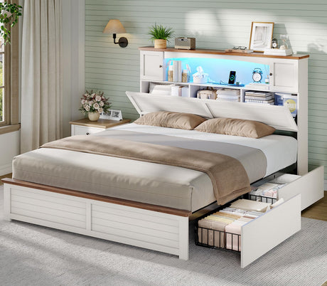 MSmask Farmhouse Bed Frame Full Size with Bookcase and Storage Cabinets Headboard, Wood Platform Bed with LED Lights, Charging Station, 4 Drawers, Decoration Footboard, No Box Spring Needed, White MSmask