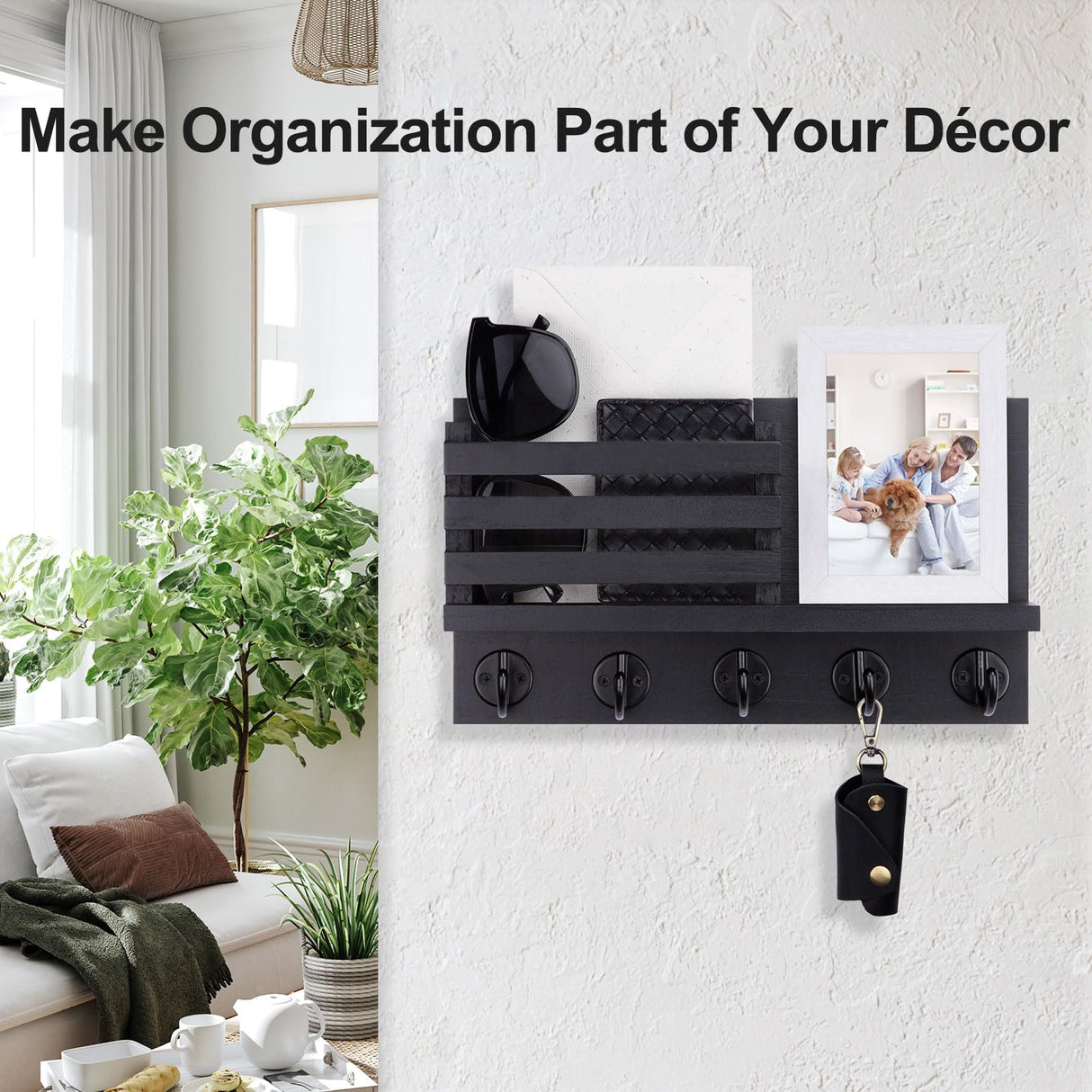 Lwenki Key Holder for Wall – Decorative Wooden Mail Holder and Key Shelf with Mounting Hardware, Installation Guide – Paulownia Wood with 5 Metal Key Hooks (11.8” x 6.7” x 2.8”) Lwenki