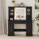 Maupvit Farmhouse Vanity Desk with Mirror and Lights, Makeup Vanity Table with Charging Station, 45" Bedroom Table with 4 Drawers and Cabinets, 3 Lighting Modes, Black Maupvit
