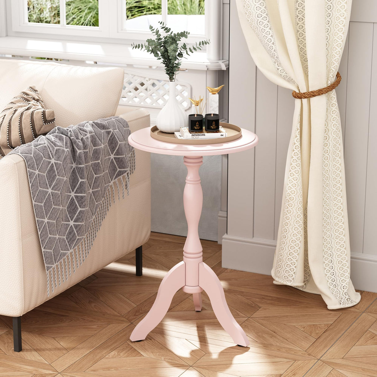 HLR Round Small End Table Wooden Side Table Pedestal Side Table Vintage Accent Tables Nightstand Coffee Table for Living Room, Bedroom, Entryway (1, Pink) HLR