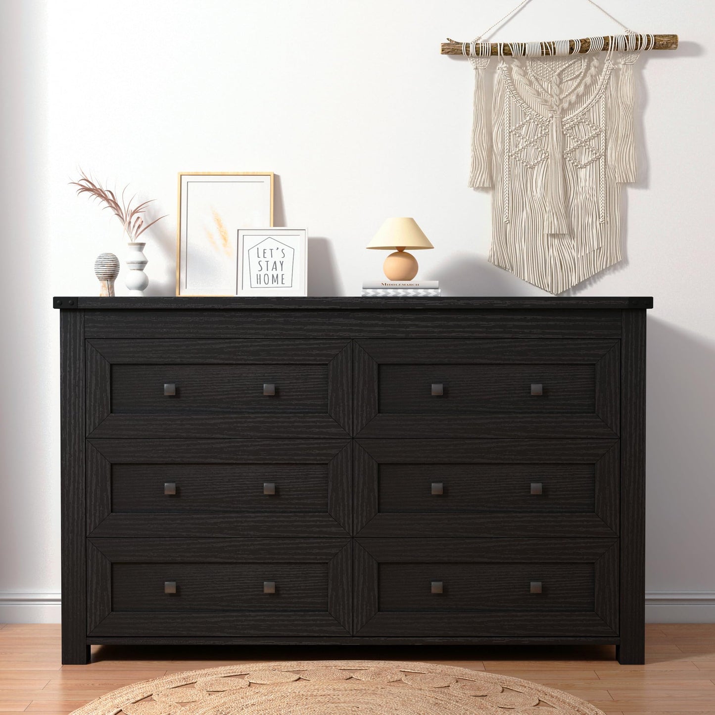 Dresser for Bedroom with 6 Drawers, Farmhouse Wood Chest of Drawers, Wide TV Stand Closet Storage Furniture with Metal Handle, Modern Clothes Organizer for Hallway, Living Room, Entryway, Black