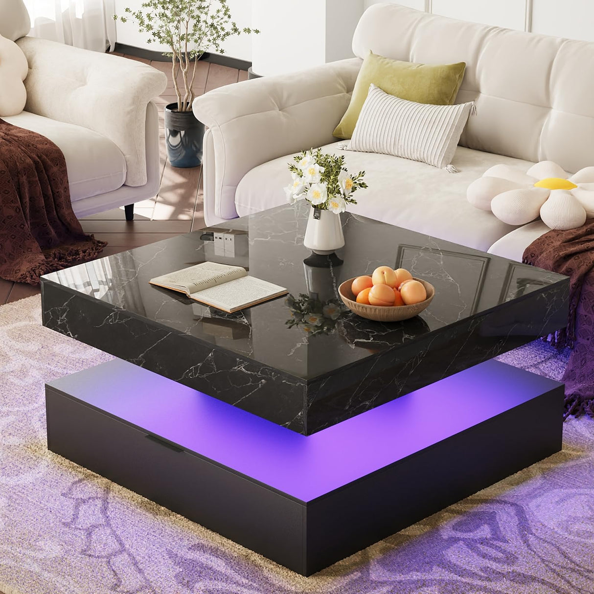 Square Coffee Table with LED Lights – 2-Tier High Gloss Minimalist Design, 30.7-Inch Modern Center Table with Storage and Drawer – Wooden Coffee Table for Living Room, Home, and Office GOFEI