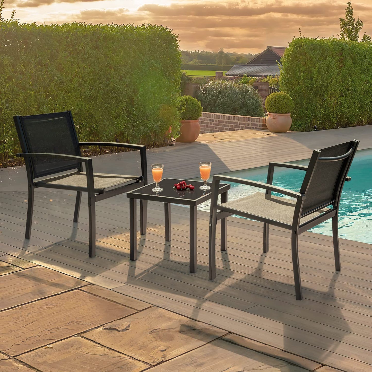 Greesum 3 Pieces Patio Furniture Outdoor Bistro Set Textilene Fabric Chairs for Lawn, Garden, Balcony, Poolside with A Glass Coffee Table, Black - WoodArtSupply