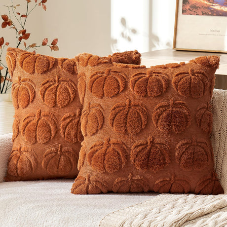 MIULEE Fall Throw Pillow Covers 18x18 Set of 2 Autumn Decorations Dark Rust Pumpkin Accent Pillowcase for Outdoor Porch Sofa Couch Bed Living Room Plush Faux Fur Halloween Farmhouse Home Decor MIULEE