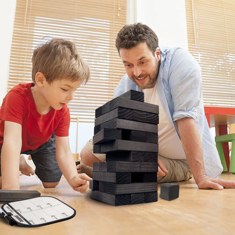 Juegoal 54 Pieces Giant Tumble Tower Blocks Game Giant Wood Stacking Game with 1 Dice Set, Gameboard, Canvas Bag for Adult, Kids, Family, Grey Juegoal