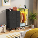 HIGDBFE 8-Drawer Dresser with Hanging Rack, Bedroom Dresser with Charging Station & LED Lights, Kids Dressers with Shoe Rack for Clothes Storage, Chest of Drawers for Bedroom, Closet, Black HIGDBFE