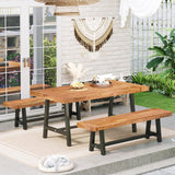 Sophia & William Acacia Wood Patio Dining Set with 1 Table and 2 Benches for 6, Oil Finished Tabletop and Spray Painted Legs, 3 Pieces Patio Dining Furniture for Porch Backyard, Teak and Black Sophia & William