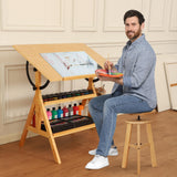 VISWIN Wood Drafting Table for Adults, Drawing Table with Adjustable Angle & 2-Tier Storage Racks for Art Studio, Solid Pine Wood Artist Desk for Drawing, Drafting, Writing, Reading, Sketching VISWIN