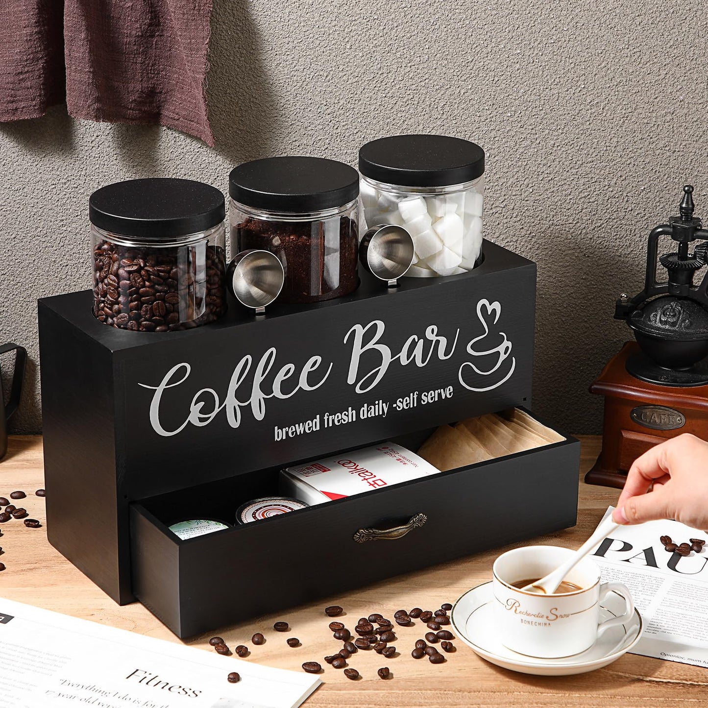 Skybooly 3 Pcs Coffee Canister Set with Shelf and Spoon Plastic Coffee Bean Storage Container with Lids Coffee Storage Box with Drawer Food Storage Jars for Coffee Bar Kitchen (Black)