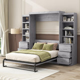FAVSH Full Size Murphy Bed with Storage Shelves, Solid Wood+Metal Frame Wall-Bed w/ 6 Drawers, Space-Saving Hidden Beds, Fold-The-Way-Bed,Grey FAVSH