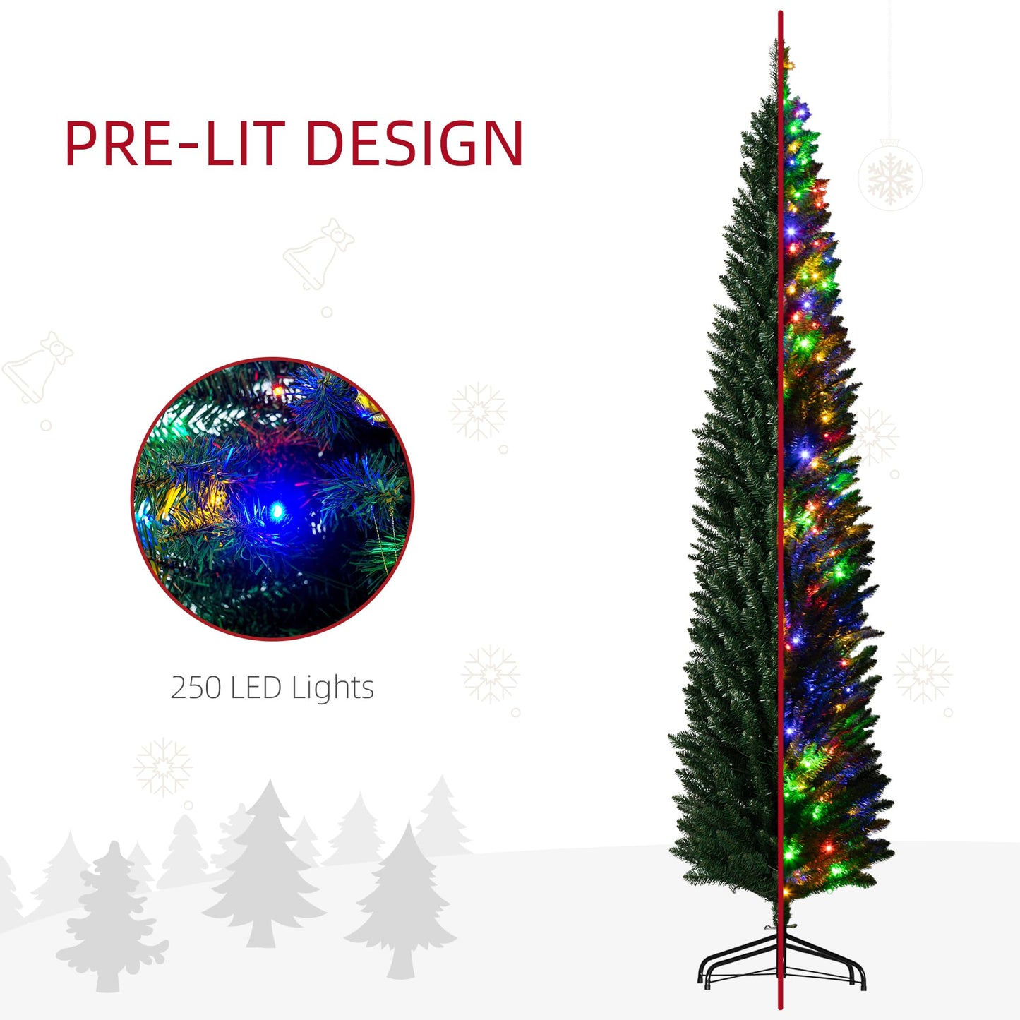 HOMCOM 8ft Tall Pencil Prelit Artificial Christmas Tree Holiday Décor with 668 Branches, 250 Colorful LED Lights, Steel Base, Green