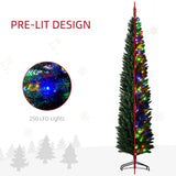 HOMCOM 8ft Tall Pencil Prelit Artificial Christmas Tree Holiday Décor with 668 Branches, 250 Colorful LED Lights, Steel Base, Green HOMCOM