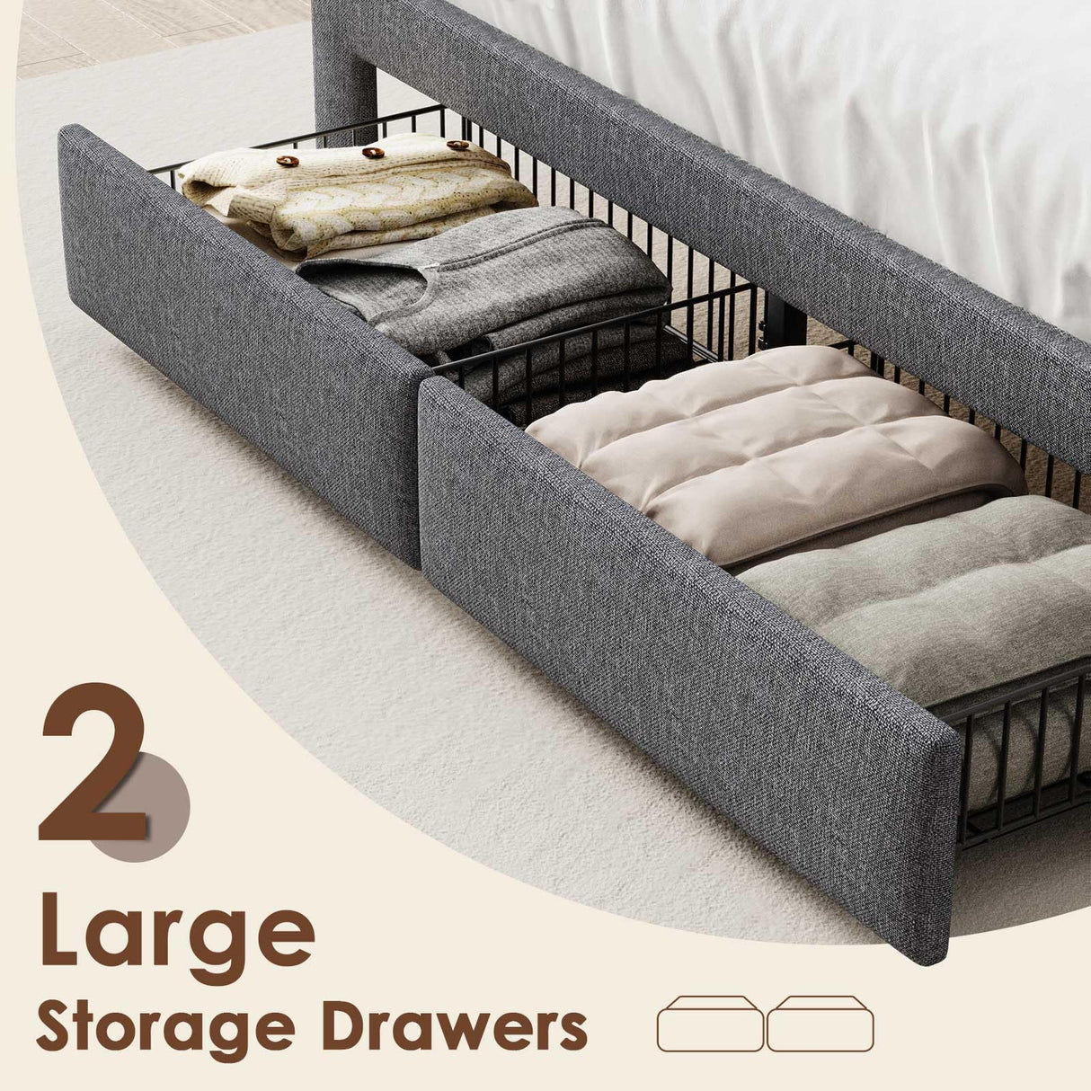 Driftalia LED Queen Bed Frame with 2 Storage Drawers, Upholstered Bed Frame Queen Size with Headboard and Charging Station, No Box Spring Needed, Easy to Assembly-Light Grey Driftalia