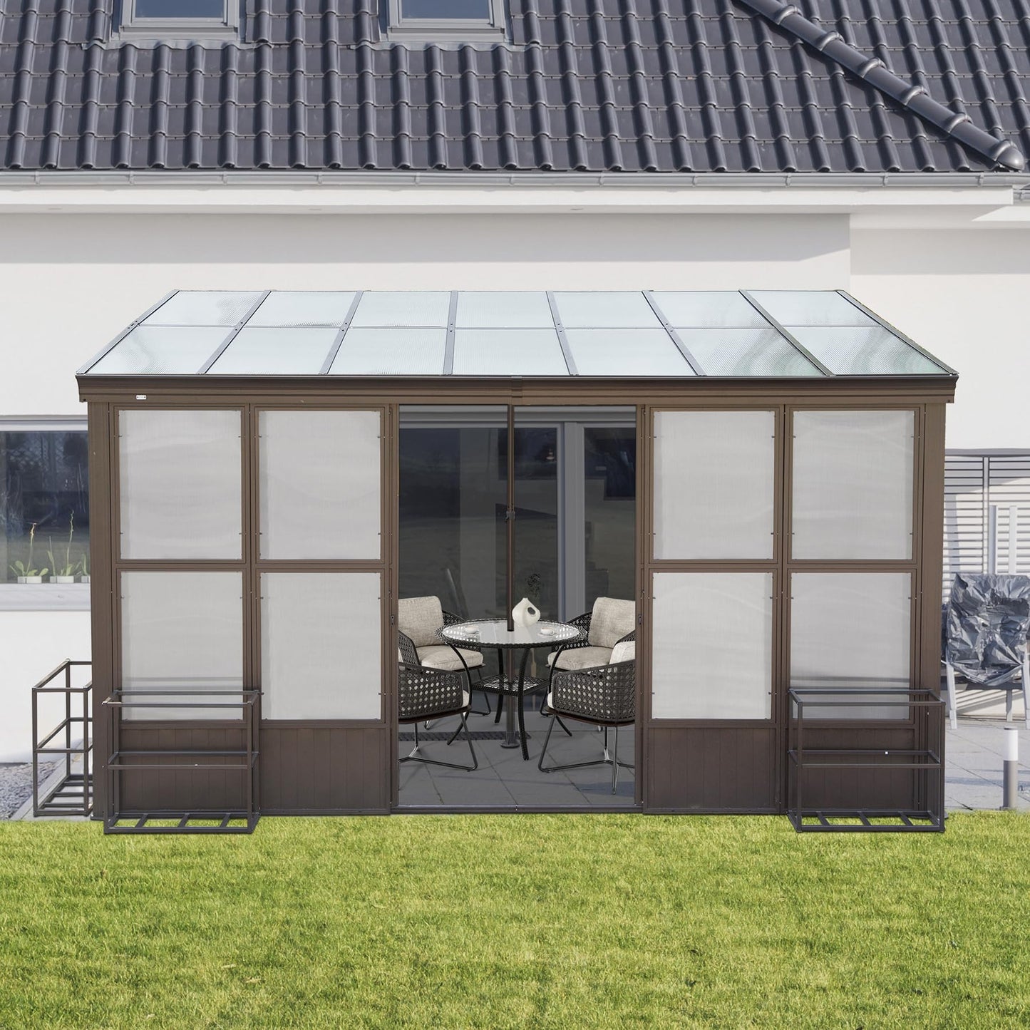 Domi Lean-to Sunroom 10x14FT, Wall Mounted Solarium with Sloping Polycarbonate Roof, Detachable Polycarbonate Screens, 2 Lockable Sliding Doors, Aluminum Gazebo Against Wall Sun Room for Pati - WoodArtSupply