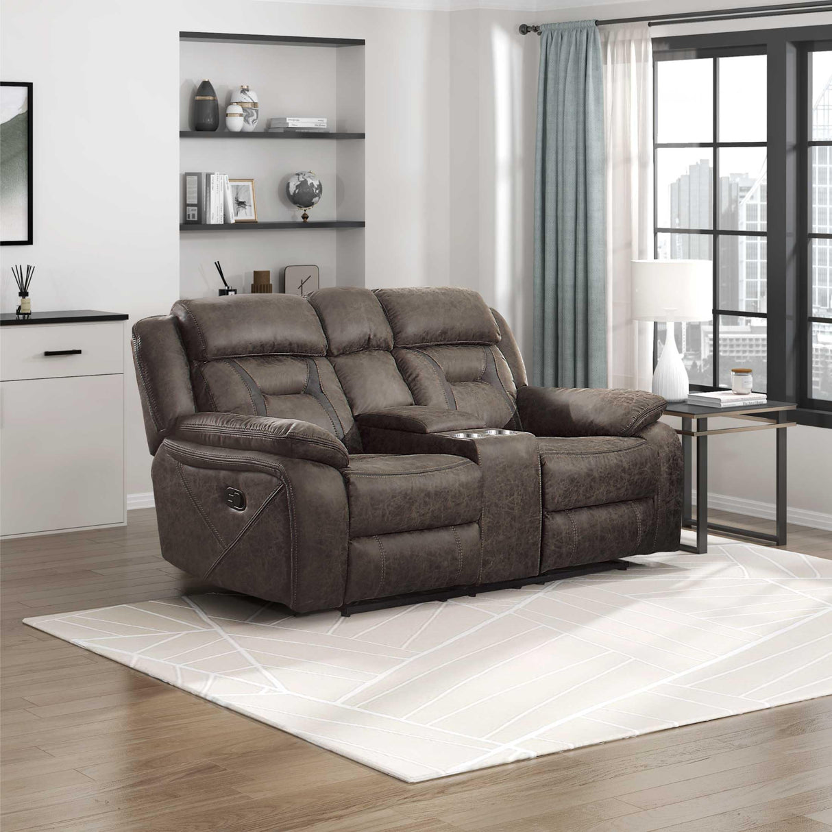 Homelegance Reclining Loveseat, Polished Microfiber Manual Double Recliner Loveseat with Center Console, Dark Brown Homelegance