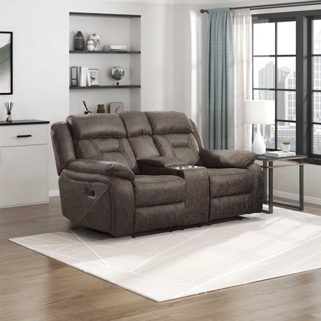 Homelegance Reclining Loveseat, Polished Microfiber Manual Double Recliner Loveseat with Center Console, Dark Brown Homelegance