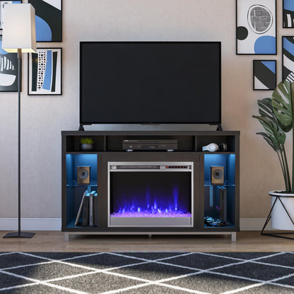 Ameriwood Home Lumina Fireplace TV Stand for TVs up to 48 Inch, Replaceable Electric Fireplace Insert Heater, Remote Control, Timer, Color Changing LED Lights, Crystal Ember Flames, Black Oak