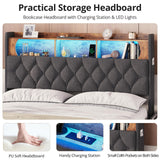 BTHFST Dark Grey Floating Bed Frame with LED Lights and Storage Headboard, Queen Size, No Box Spring Required BTHFST